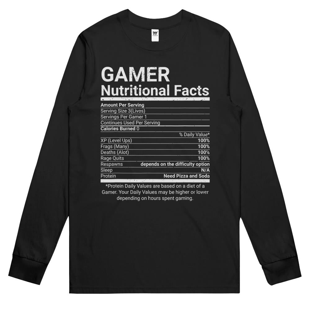 Nutritional Facts Shirt, Gamer Nutrition Facts Shirt, Gamer Nutritional Facts Video Games Computer Nerd Long Sleeve T Shirts