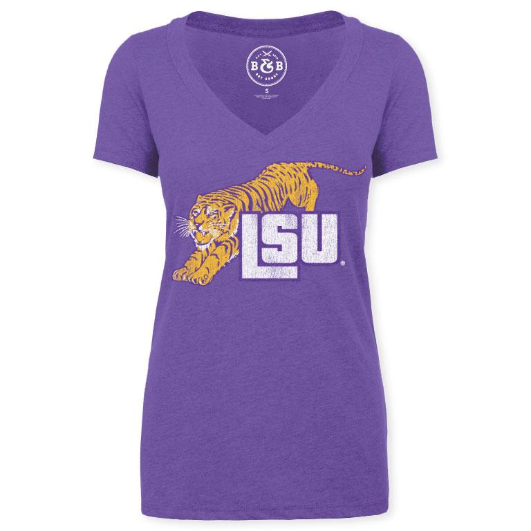 B&B Dry Goods LSU Tigers Women’s Retro Leap V-Neck T-Shirt – Purple