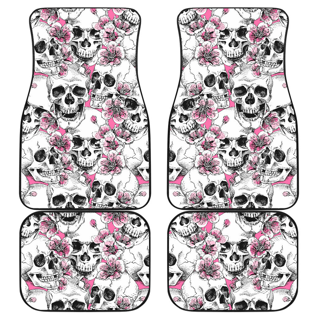 Pink Flowers Skull Pattern Print Front And Back Car Floor Mats, Front Car Mat