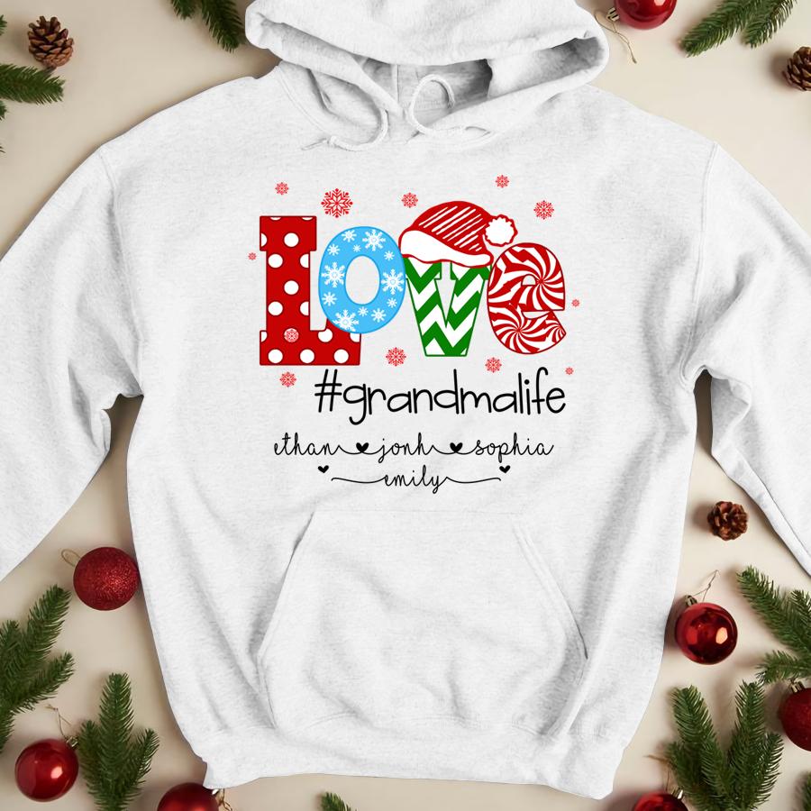 Lovelypod - Hoodie Shirt, Love Grandmalife Christmas Shirt, Grandma Custom Names Shirt, Funny Christmas Shirt