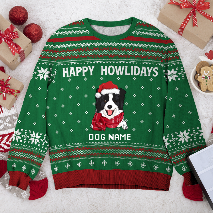 Border Terrier Happy Howlidays Personalized Sweater, Dog Ugly Christmas Sweater