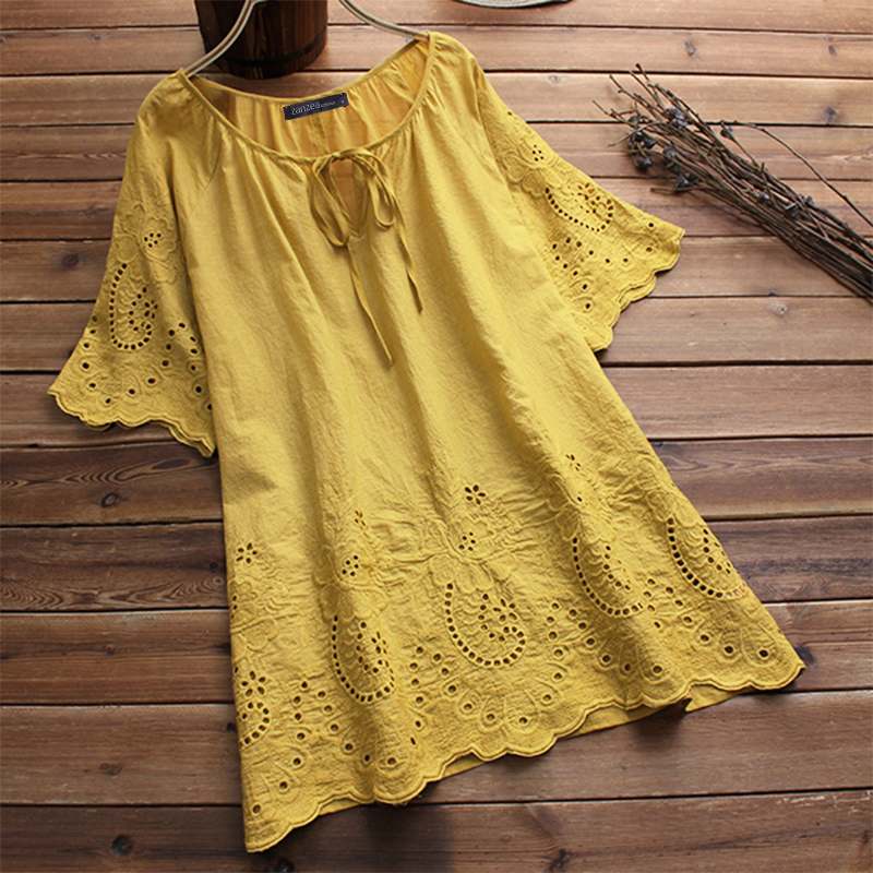 Women’s Embroidery Blouse 2022 ZANZEA Elegant Causal Hollow Floral Blusas Female Half Sleeve Tunic Summer Tops Chemise alx