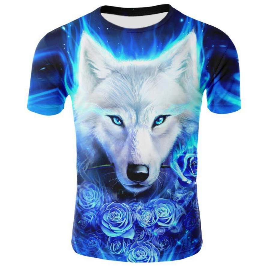 2019 Summer 3D T shirt Animal Wolf Head Blue Fashion T-shirt for Big Boy and Gril