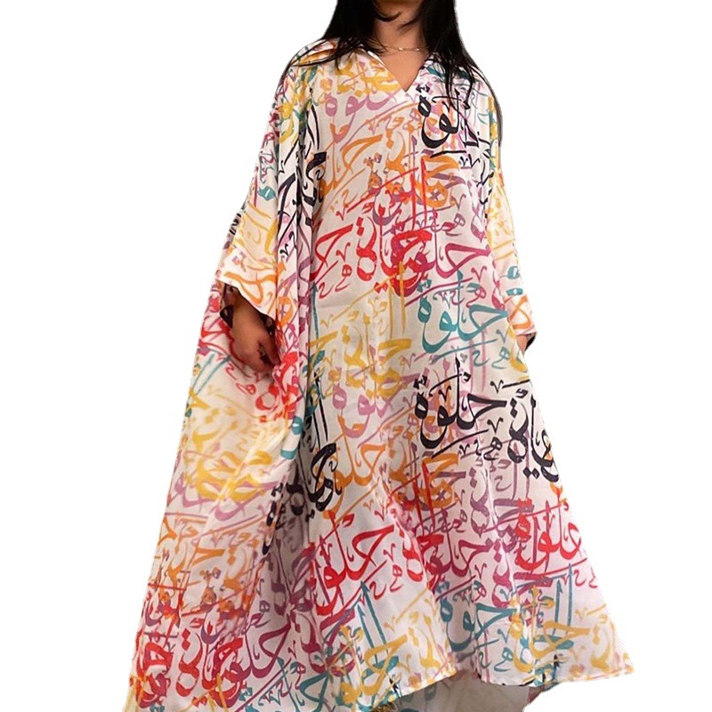 SuperAen 2022 Oversized Loose Women’s Printing Vintage Casual V-neck Big Swing A Line Kaftan Dresses alx