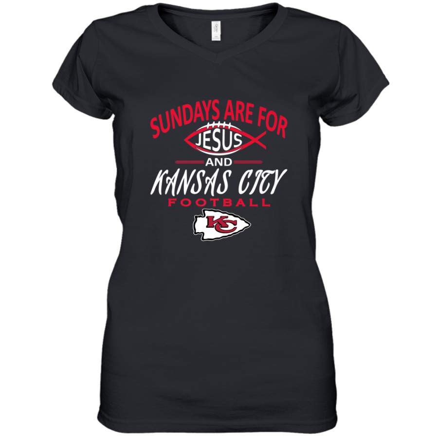 Sundays Are For Jesus and Kansas City Funny Football Women’s V-Neck T-Shirt