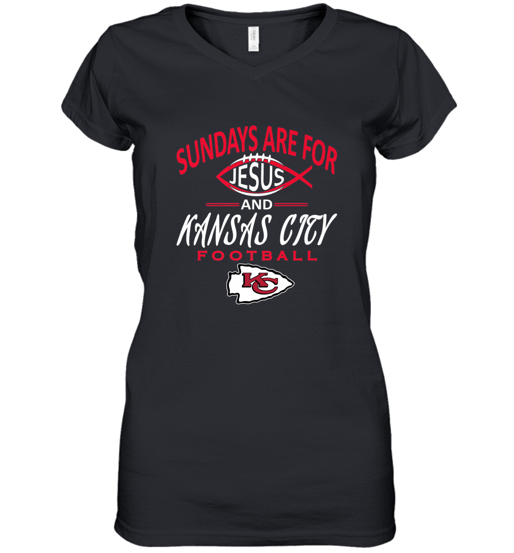 Sundays Are For Jesus And Kansas City Funny Football Women’S V-Neck T-Shirt