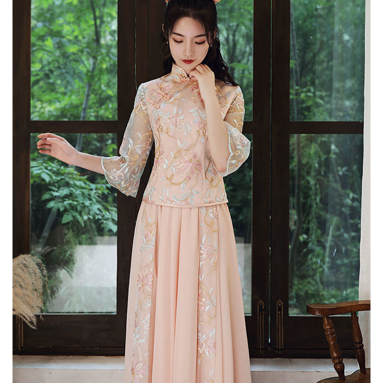 2021 New Elegant Chinese Style Improved Cheongsam Stand Collar Buckle 3/4 Sleeve Party Vintage Slim Maxi Dress Ladies Clothes alx