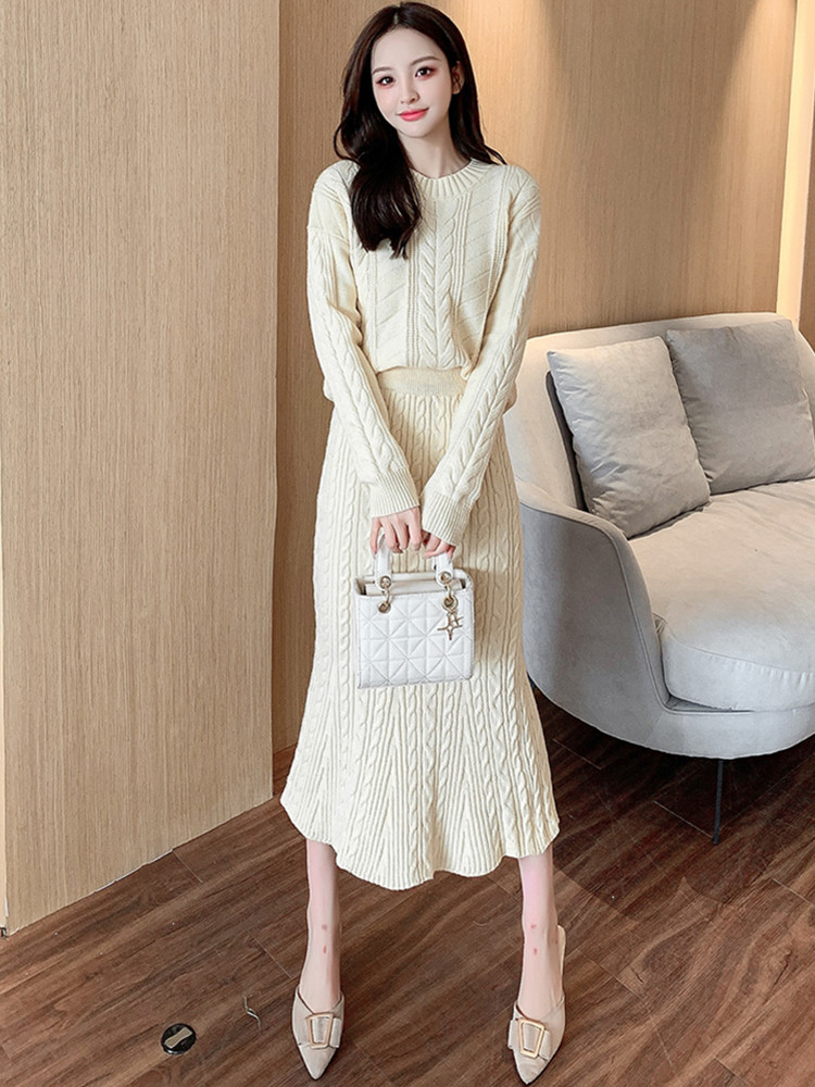 SMTHMA New Autumn Winter Sweater Two Piece Set Women Pullovers +Elastic Waist Skirt Thick Warm Knitted Set Female Clothing alx