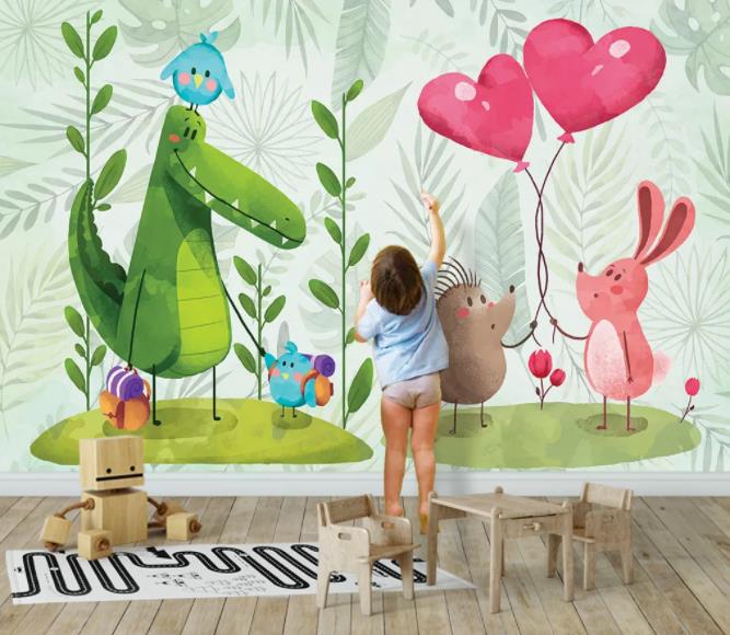 3D Color Cartoon Animals Green Dinosaur Wall Mural Wallpape 160