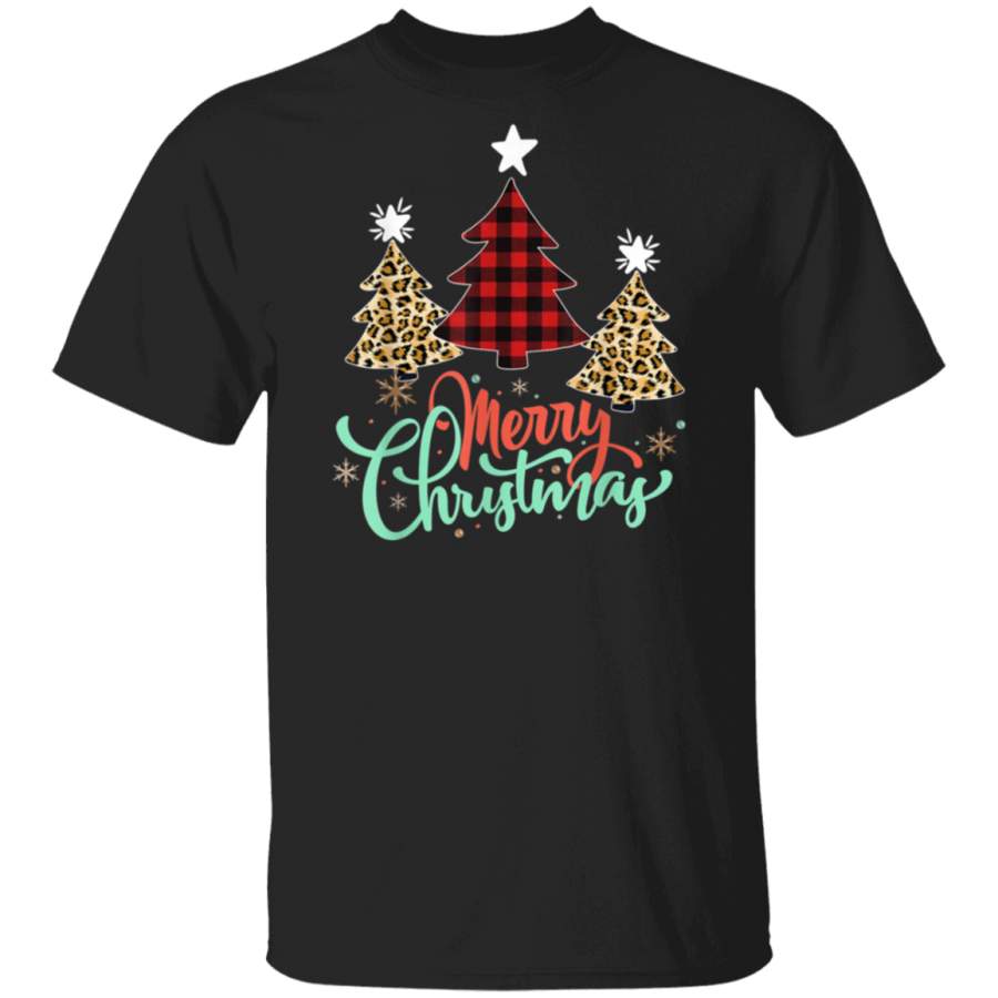 Women Leopard Plaid Christmas Tree Merry Christmas T-Shirt