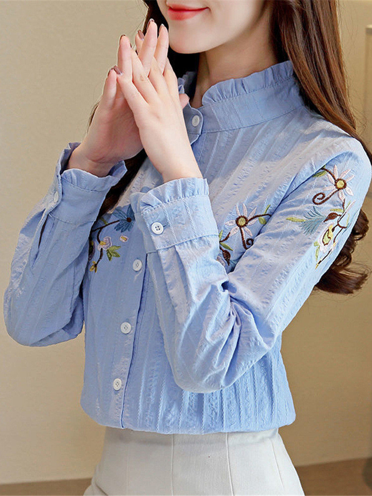 Vintage Floral Embroidered Cotton Button Up Shirt for Women Autumn Korean Elegant Casual Long Sleeve Slim Office Lady Blouse Top alx