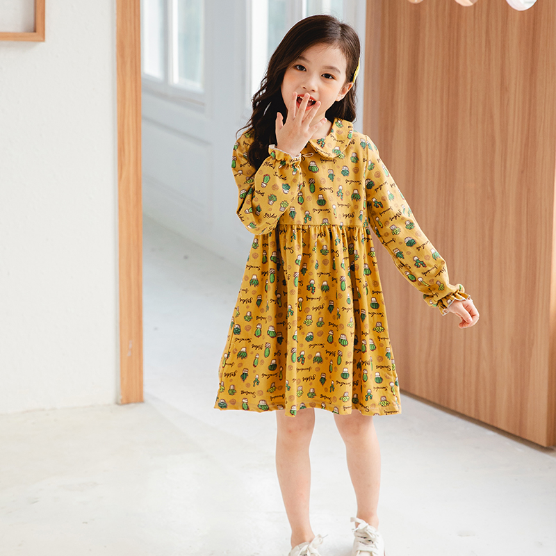 Spring Autumn Kids Dresses Cotton Toddler Fall Dresses for Girls Flower Print Girls Student Dresses Turn-down Collar Baby Dress alx