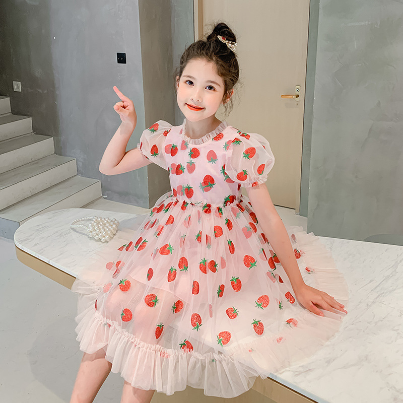 2021 Kids Clothes Girls Summer Dress Children Clothes Puff Sleeve Pink Strawberry Princess Dress Vestidos Toddler Teen Dresses alx