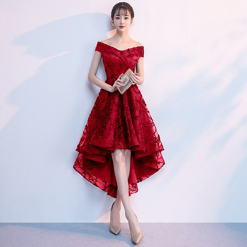 WSFS-98#Evening Dress Toast Dress Bride Wine Red Wedding Party Prom Princess Dress small Girl short front long back Boat Neck) alx