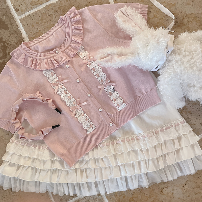 Cute Knitted Cardigan Women Short Tops Pearl Button Lace Ribbon Bow Decoration Short Cardigan for Sweet Girls Kawaii Clothes alx