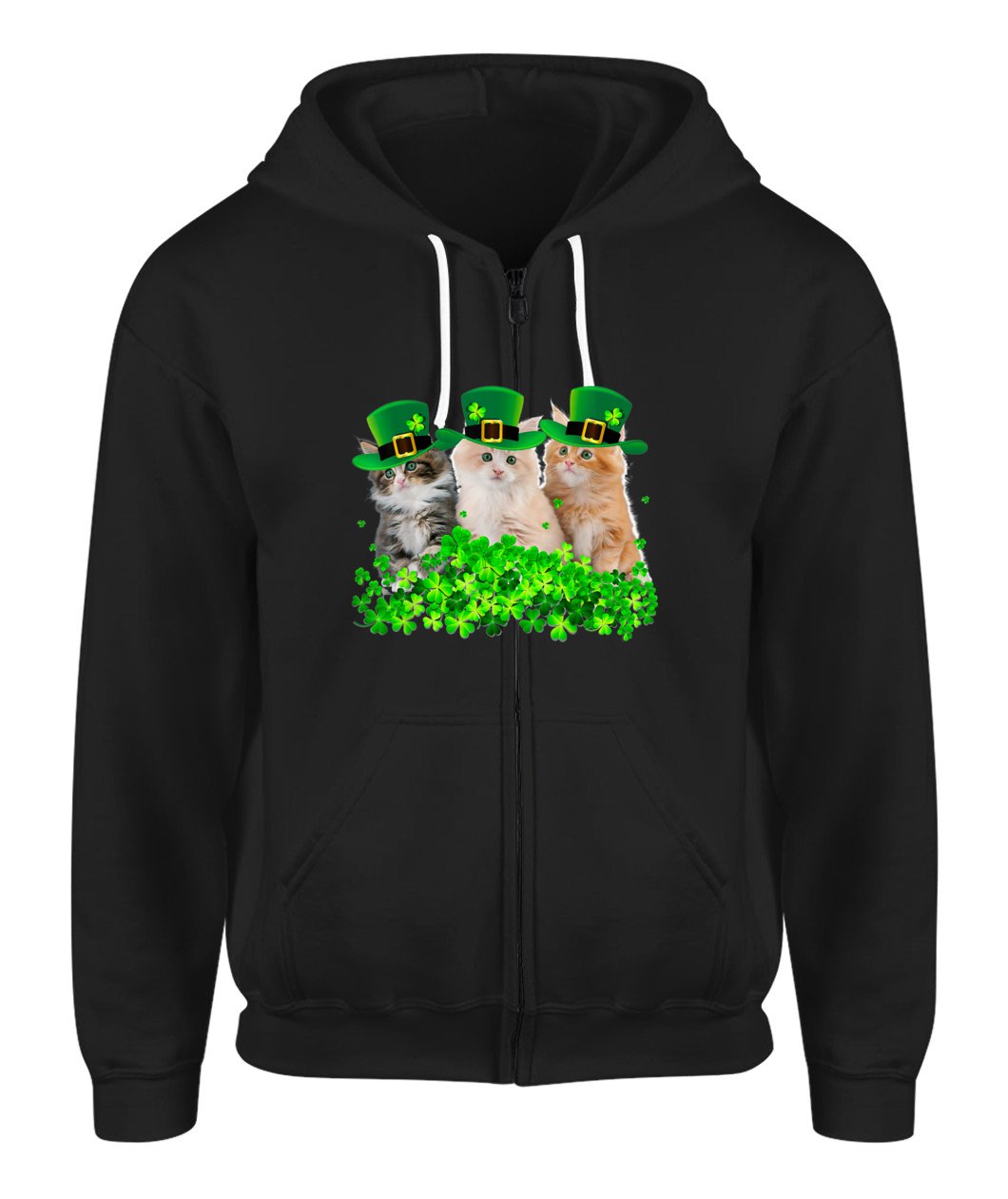 Three Cat St Patricks Day Zip-Up Hoodie Kitty Kitten Lover Irish