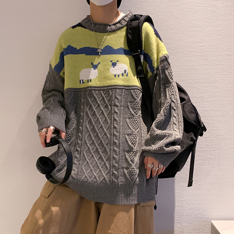 2022 Harajuku Knitted Sweaters Cartoon Sheep Pullovers Men Hip Hop Streetwear Sweater Male Autumn Winter Loose Pullovers alx