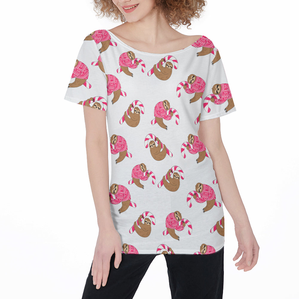 Sloth And Candy Cane Off Shoulder T-Shirt