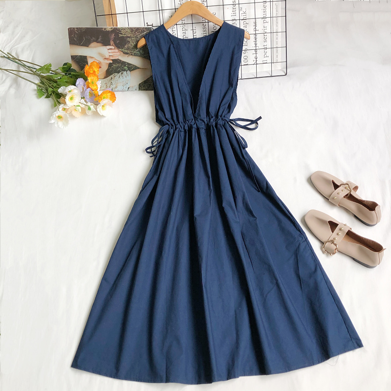 2022 Summer Women’s Dress Korean Retro Solid Color V-neck Pleated Drawstring Dress New Waist Slim Feamle Dresses DE640 alx