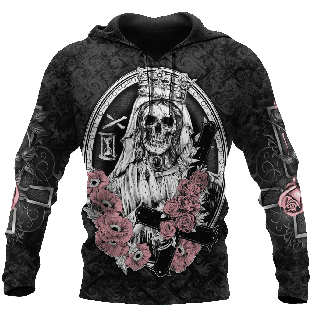 Satanic Girl Skull Goth Unisex Hoodie, 3D Skull Flower Hoodies