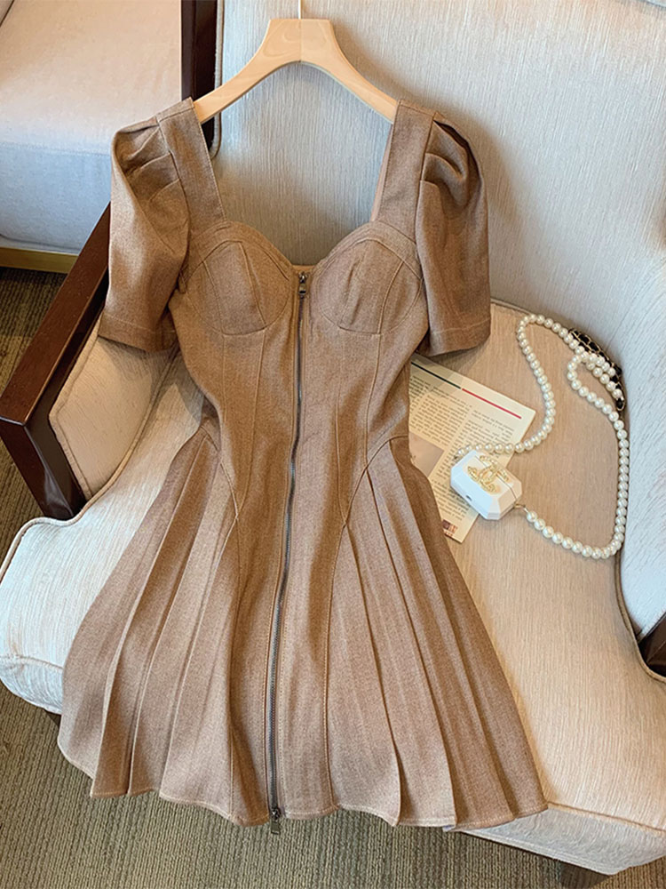 Brown Vintage Dress Zipper Dress Summer 2022 Chocolate Camisole Sexy Skinny Elegant Chic Female Clothes A-line Casual Dress alx