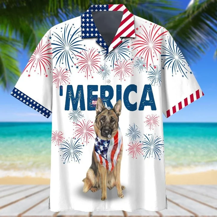 German Shepherd American Flag Red And White Firework Hawaii Shirt Ha33346