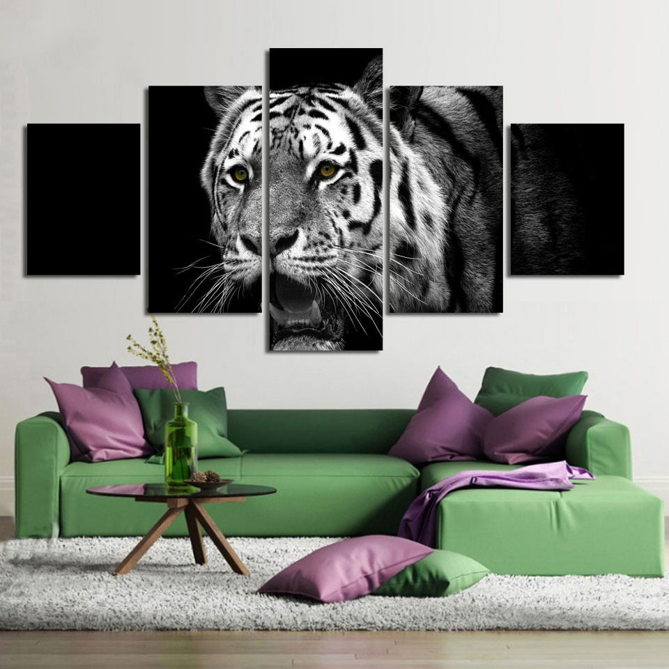 Tiger Hunting Canvas Wall Art Animal 5 Pieces Painting Creative Living Room Decoration