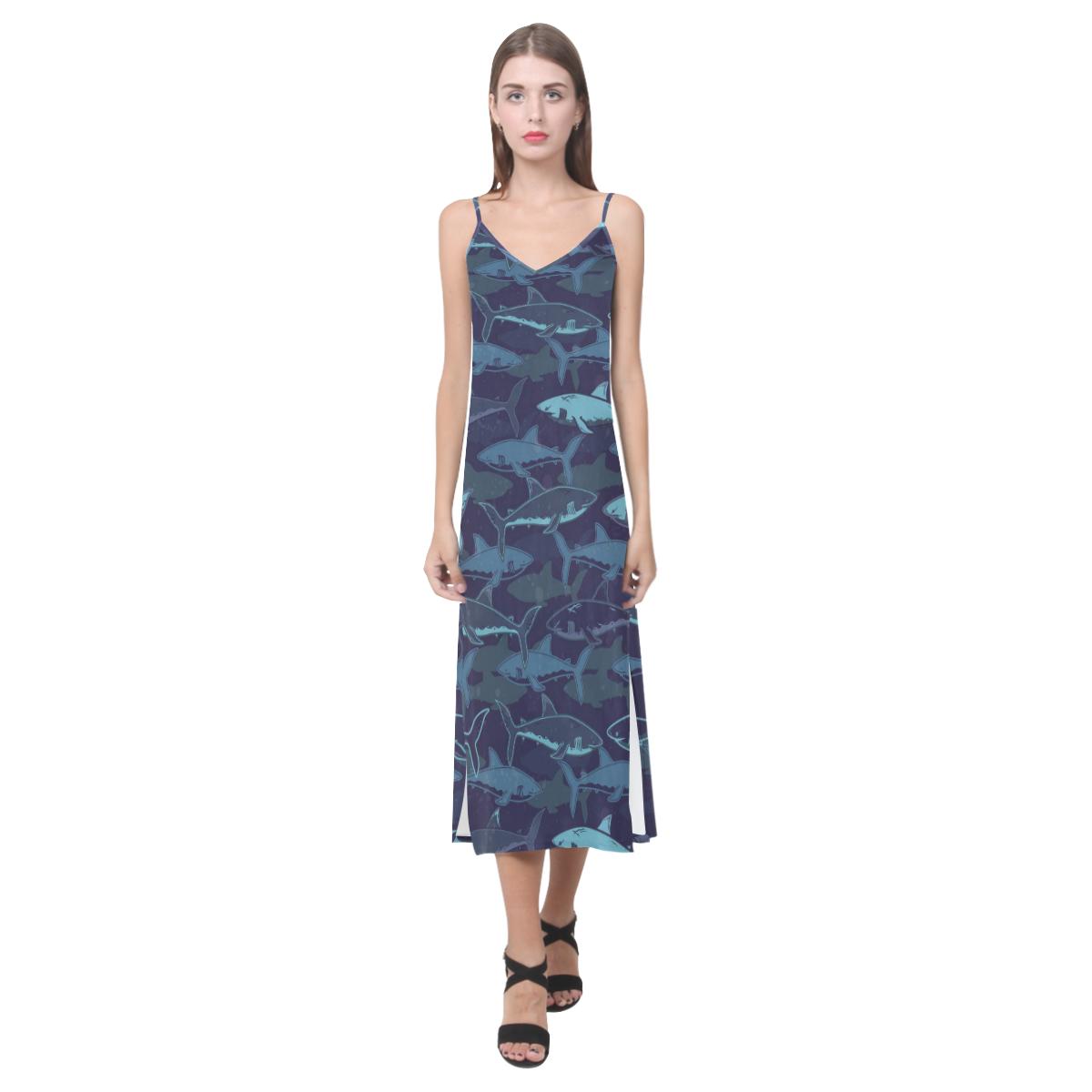 Shark pattern V-Neck Open Fork Long Dress