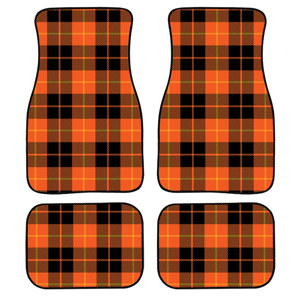 Orange Black And Yellow Tartan Print Front And Back Car Floor Mats, Front Car Mat