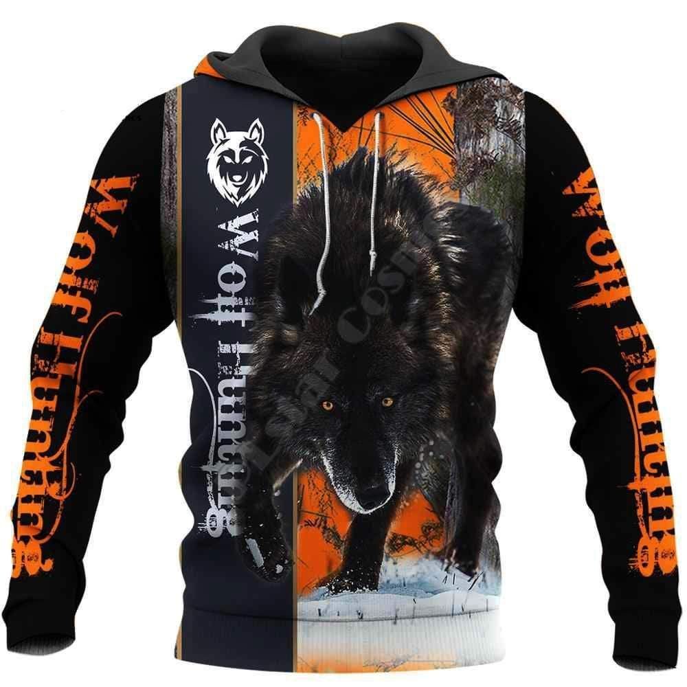 Animal Hunting Wolf Hunter Black Orange Cool 3D Printed Sublimation Hoodie Hooded Sweatshirt Comfy Soft And Warm For Men Women S to 5XL CTC16011473