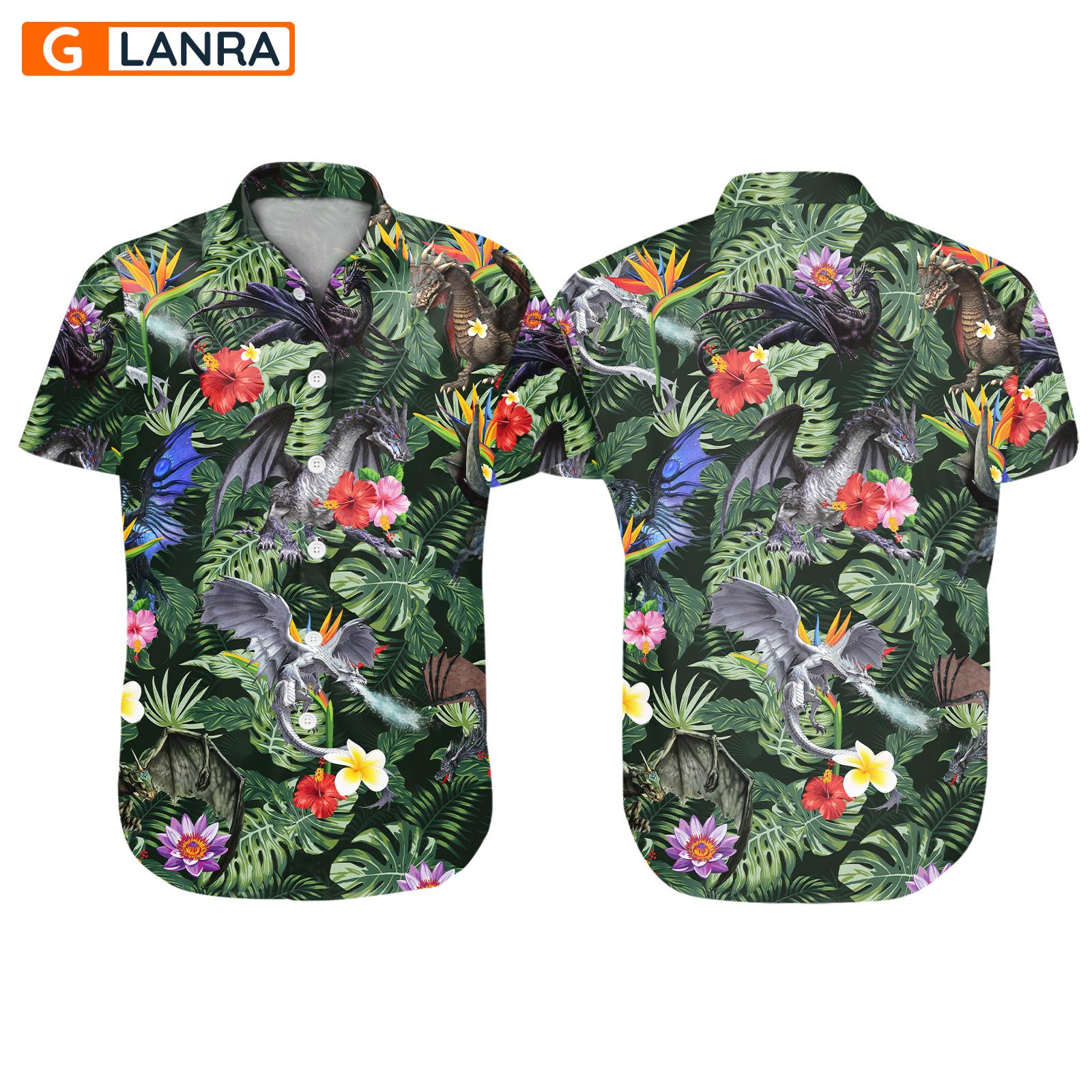 Dragon Tropical Leaves Flower Button Shirt, Dragon Button Shirt, Summer Dragon Hawaiian Shirt, Dragon Leaf Hawaiian Shirt, Summer Tropical Shirt