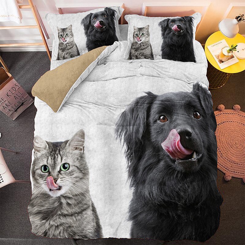 3D Best Friends Cat And Dog Bed Sets Duvet Cover Puppy Bedding Set For Kids Bedcloth