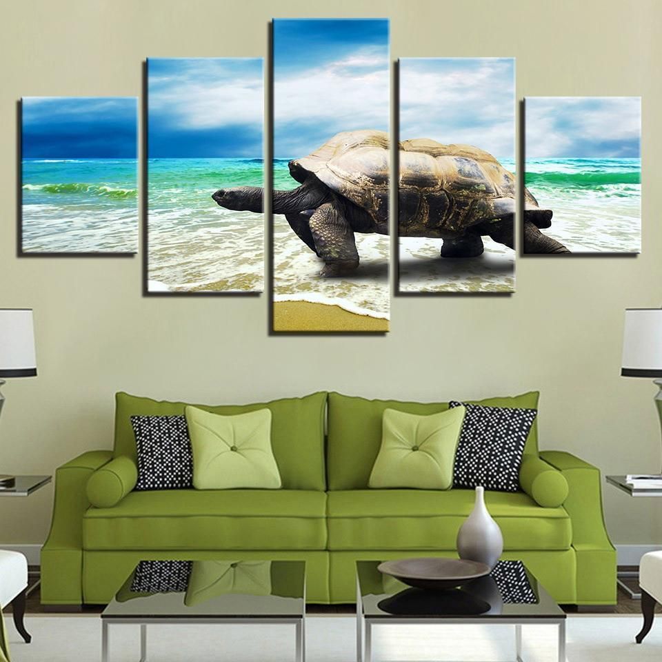 Turtle Crawling On The Beach Sea Waves Animal 5 Panel Canvas Art Wall Decor