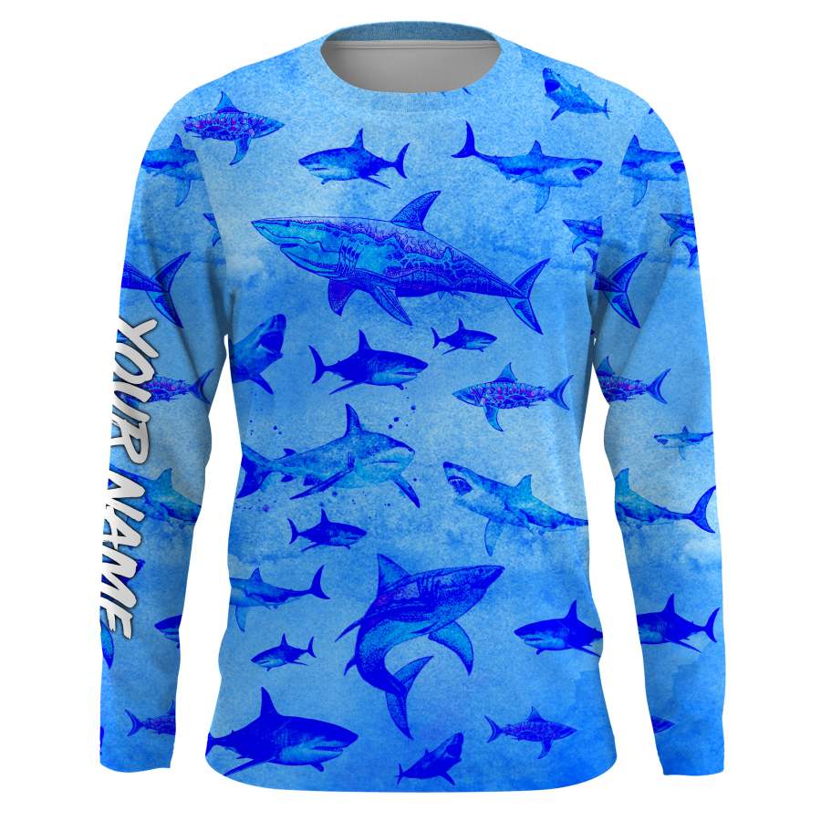 Shark Sea Camo Ocean Fishing performance fishing shirt UV protection quick dry customize name long sleeves UPF 30+ personalized gift for Fishing lovers – NQS607