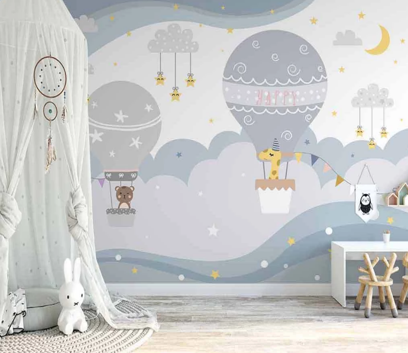 3D Cartoon Grey Hot Air Balloon Giraffe Bear Animal Cloud Wall Mural Wallpaper Lxl