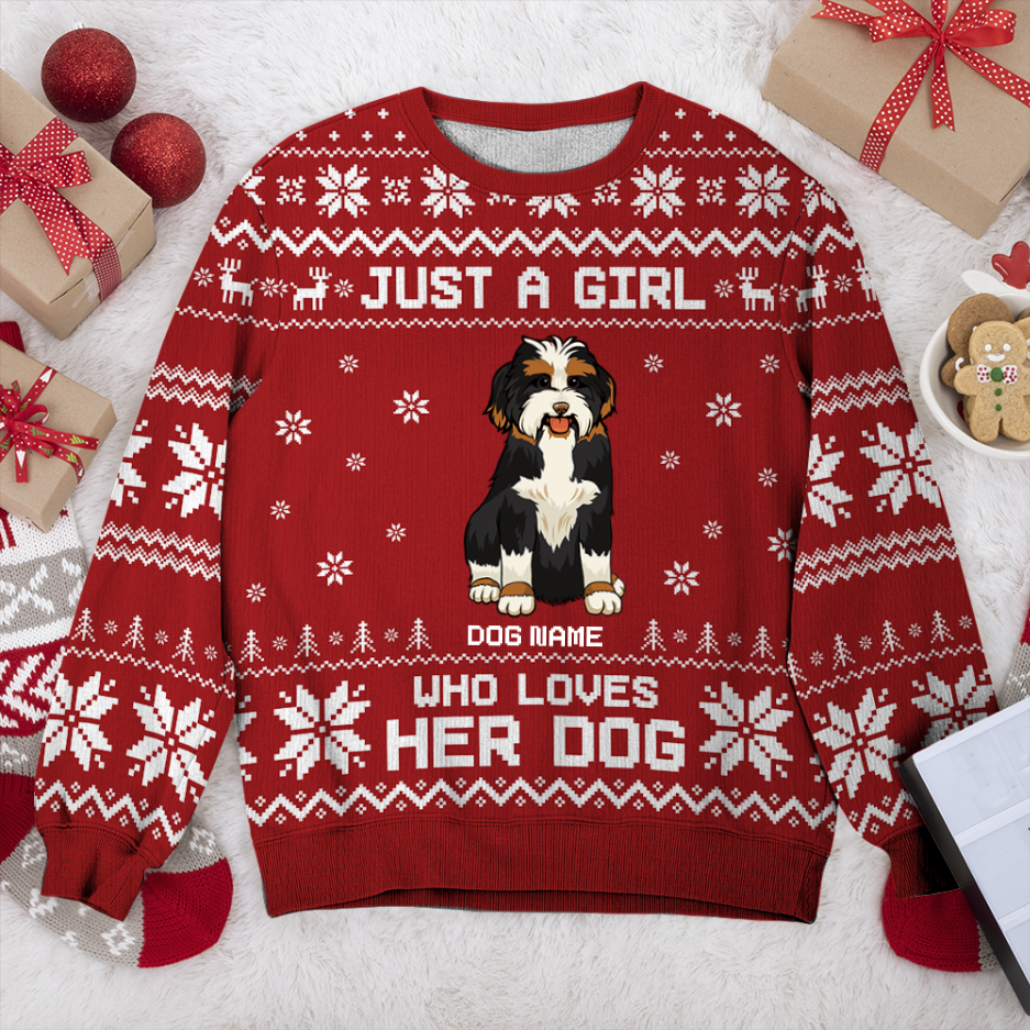 Bernedoodle Just A Girl Personalized Sweater, Dog Ugly Christmas Sweater