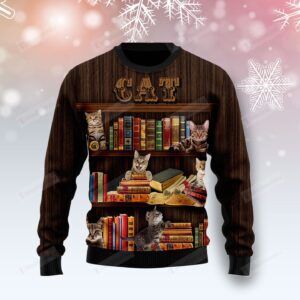 Cat Bookcase Ugly Christmas Sweater, All Over Print Sweatshirt