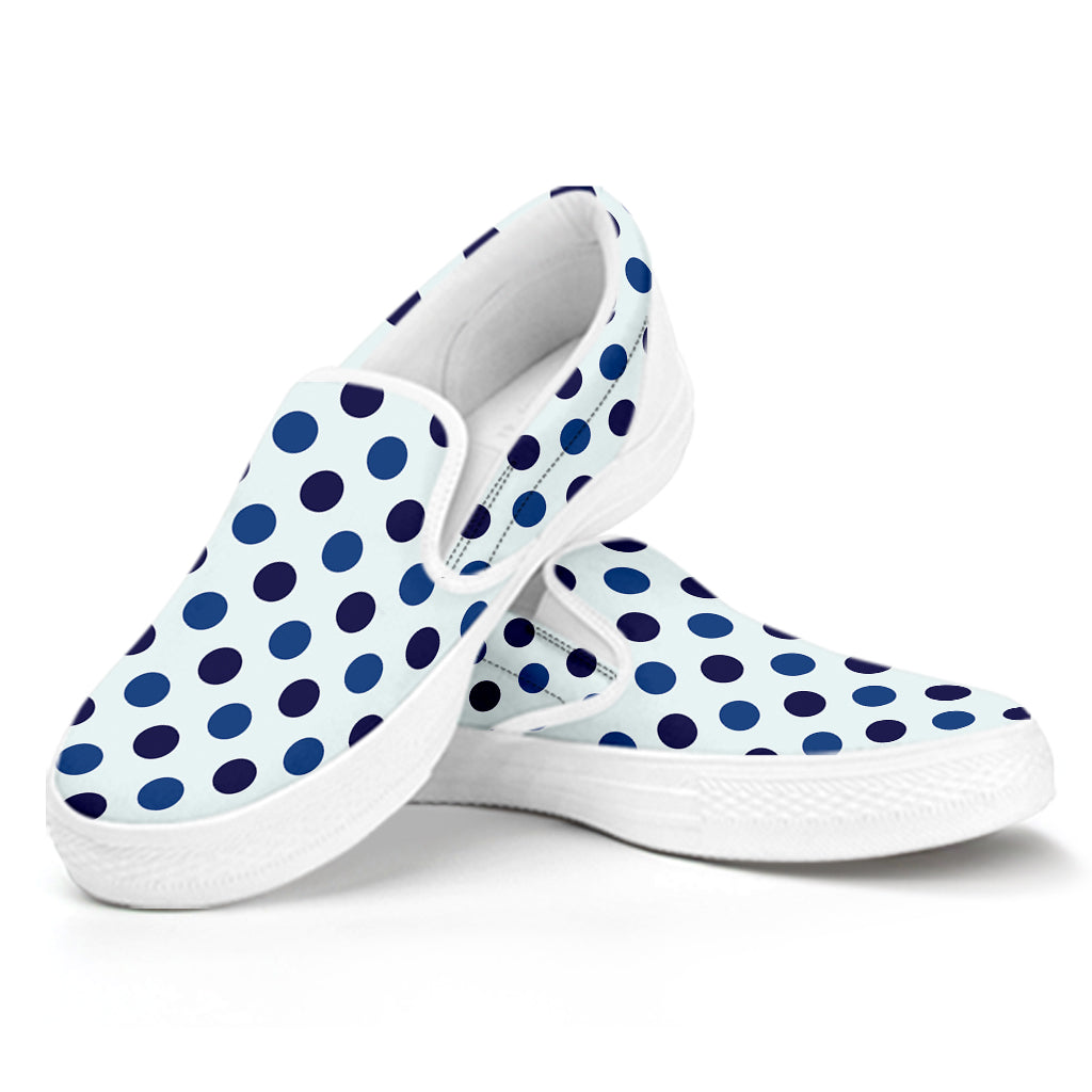 White And Blue Polka Dot Pattern Print White Slip On Shoes