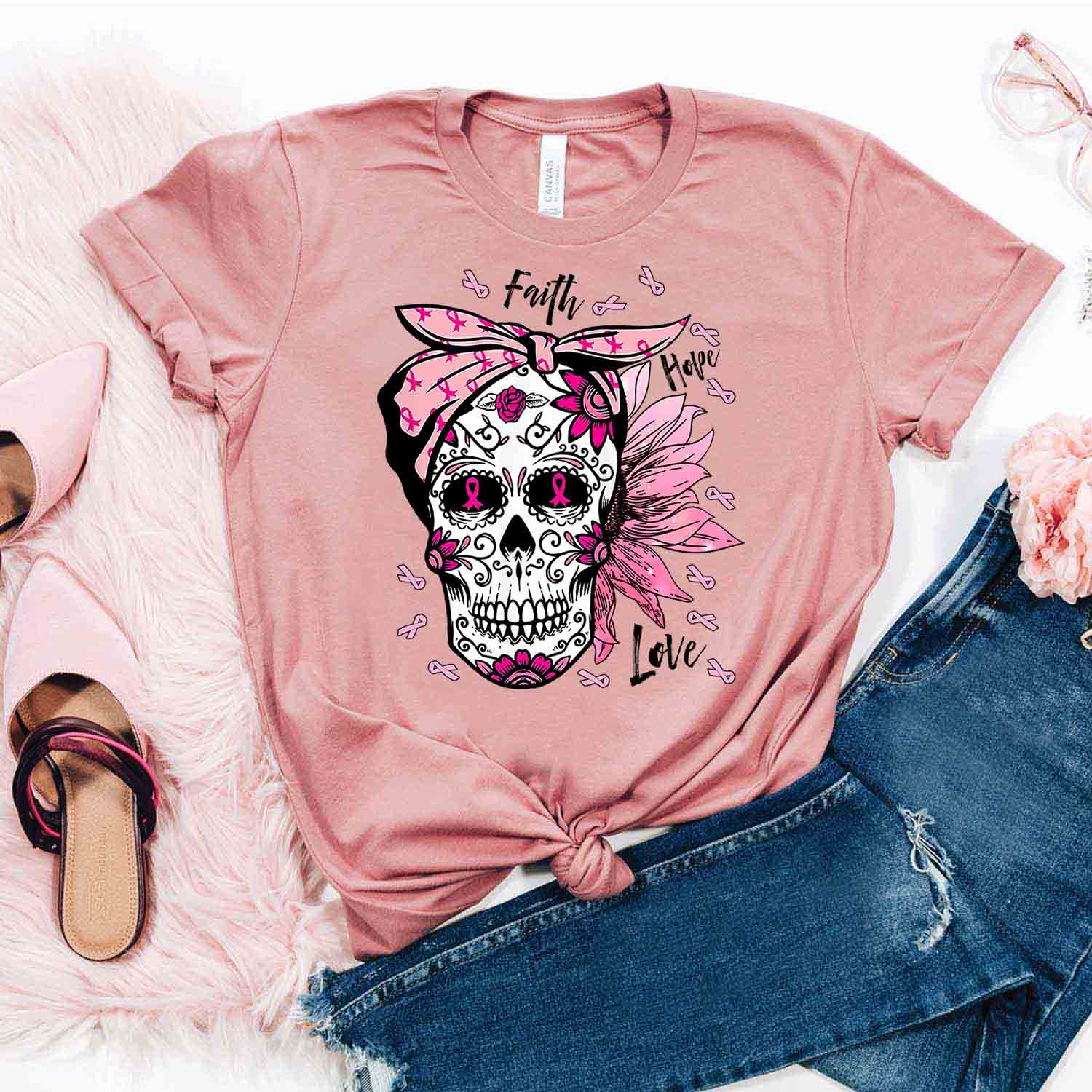Sugar Skull Tattoo Halloween Faith Hope Love Shirt – Breast Cancer Awareness T-Shirt Gifts For Mom Daughter Friends Hoodies Sweater Pink