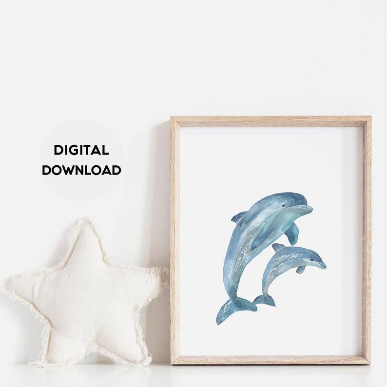 Dolphins Print, Watercolour Animal,Nursery Room Decor,Boys Room Poster