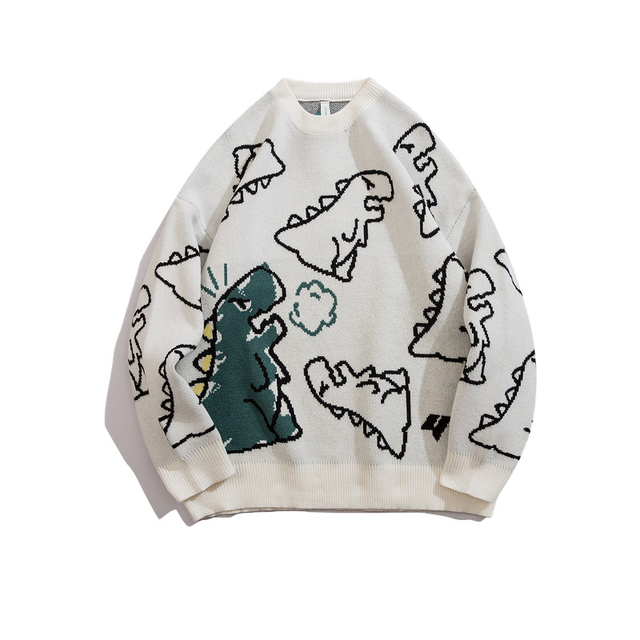 BOLUBAO Sweater Men Harajuku Knitted Hip Hop Streetwear Dinosaur Cartoon Pullover O-Neck Oversize Casual Couple Male Sweaters alx