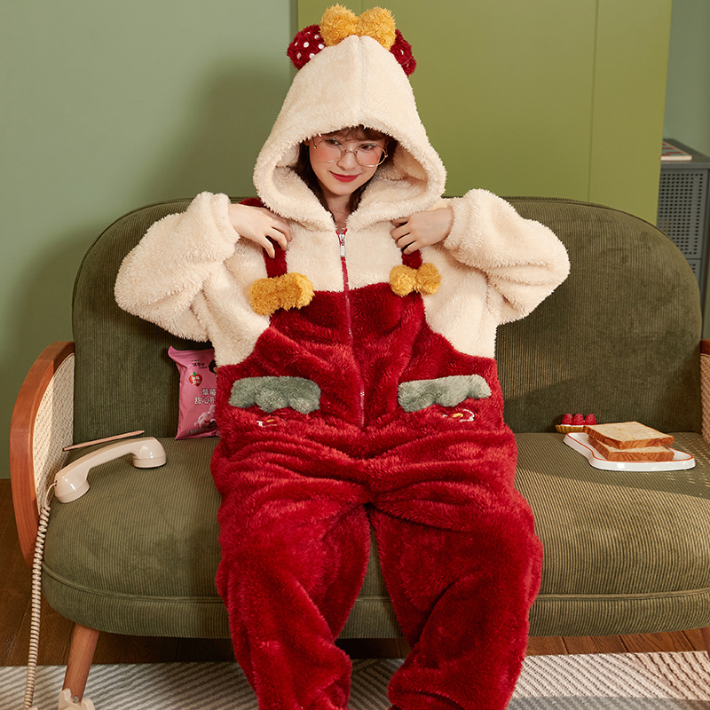 Women Sleepwear Coral Fleece Winter Pajamas Hooded Nonopnd Inspissate Cartoon Pullover Plus Size Nightgown Loose Version alx