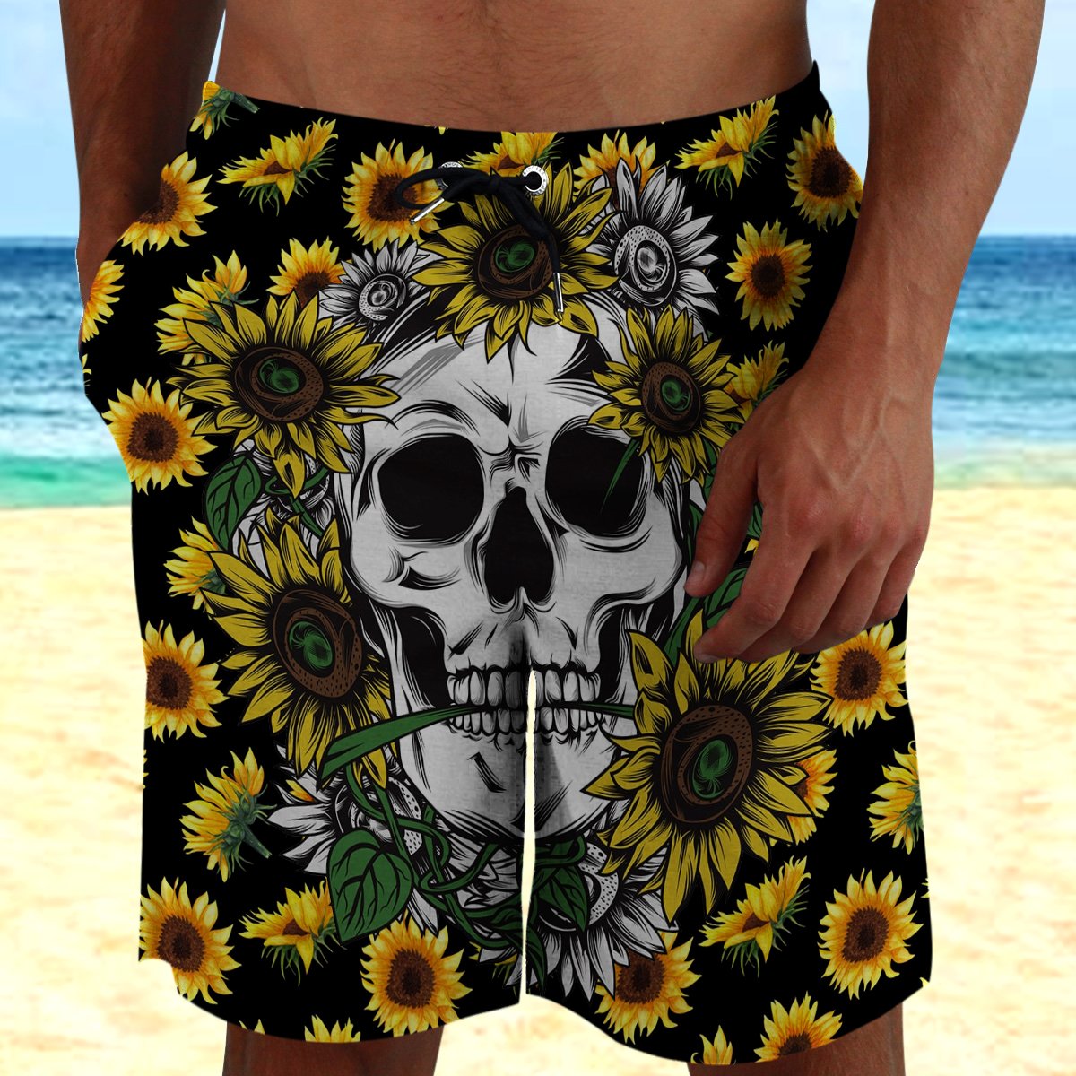 Skull Sun Flower Hawaii Beach Shorts Colorful S Ha32899