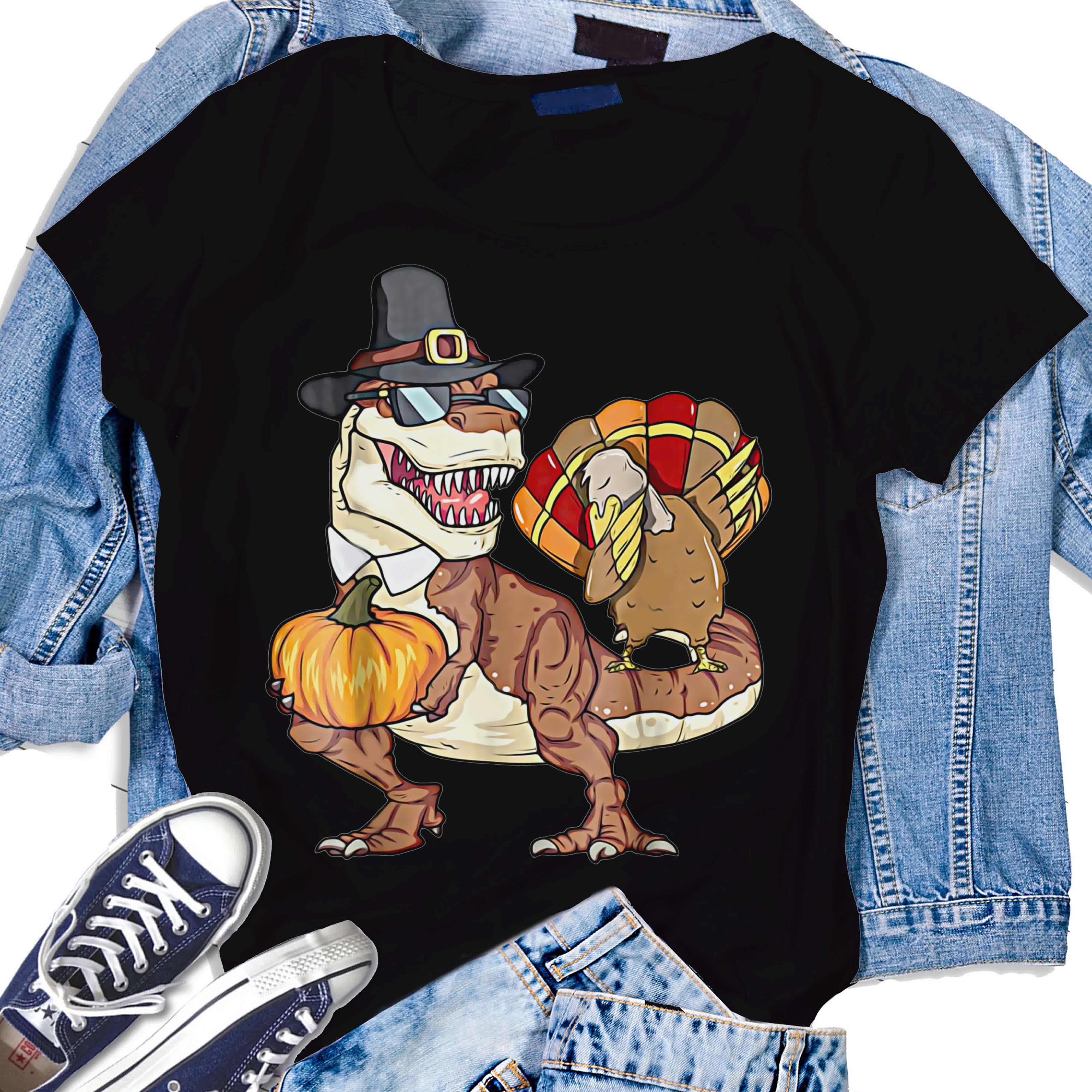 Thanksgiving Turkey and T-rex Dinosaur Pumpkin Tshirt Funny Gifts