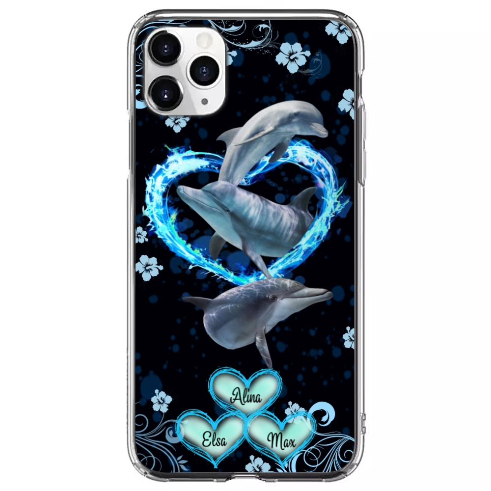 Excoolent Custom Phone Case For Best Friends – Anniversary Gift With Personalized Name – 3 Dolphins With Heart