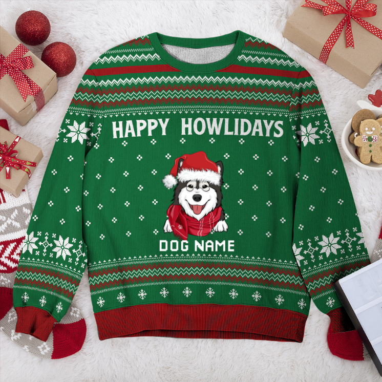 Alaskan Malamute Happy Howlidays Personalized Sweater, Dog Ugly Christmas Sweater