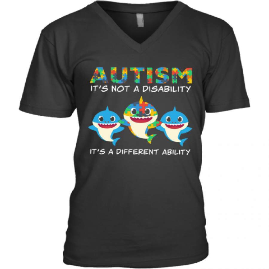 Baby Sharks Autism It's Not A Disability It's A Different Ability V-Neck T-Shirt