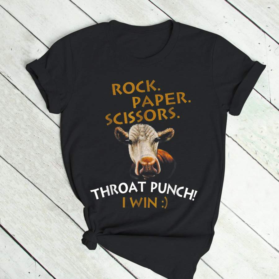 rock paper scissors throat punch i win cow t shirt