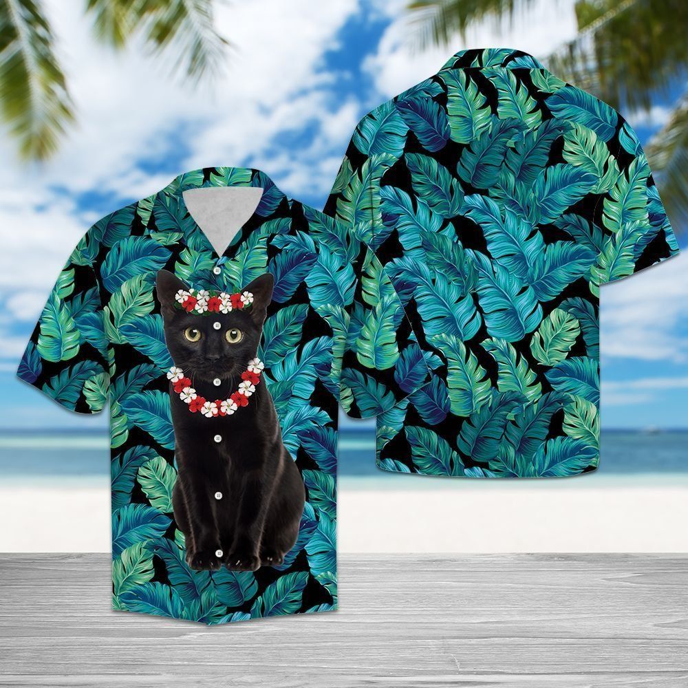 Black Cat Flower Crown Teal Hawaiian Shirt | For Men & Women | Hw1347