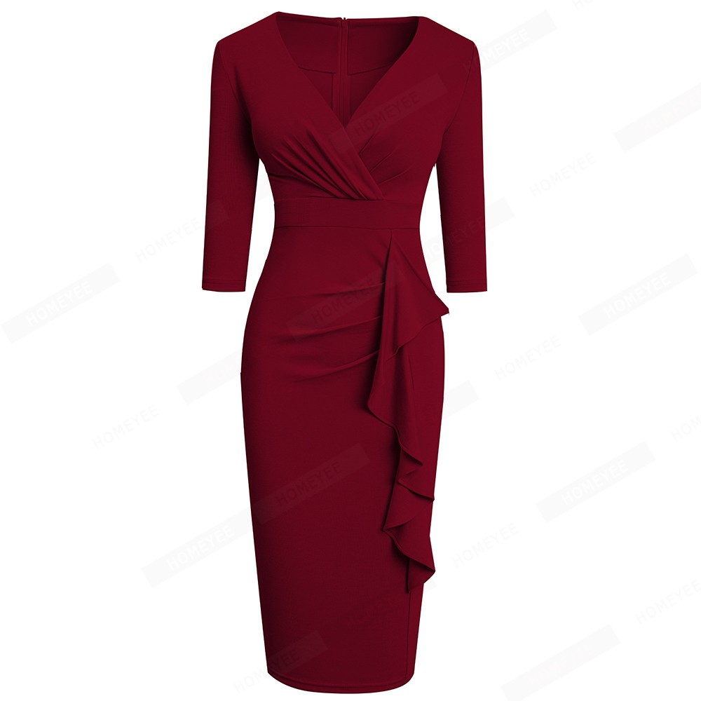 Women Cocktail Party Solid Color Low Cut 3/4 Sleeve Ruffles High Waist Slim Pencil Dress EB693 alx